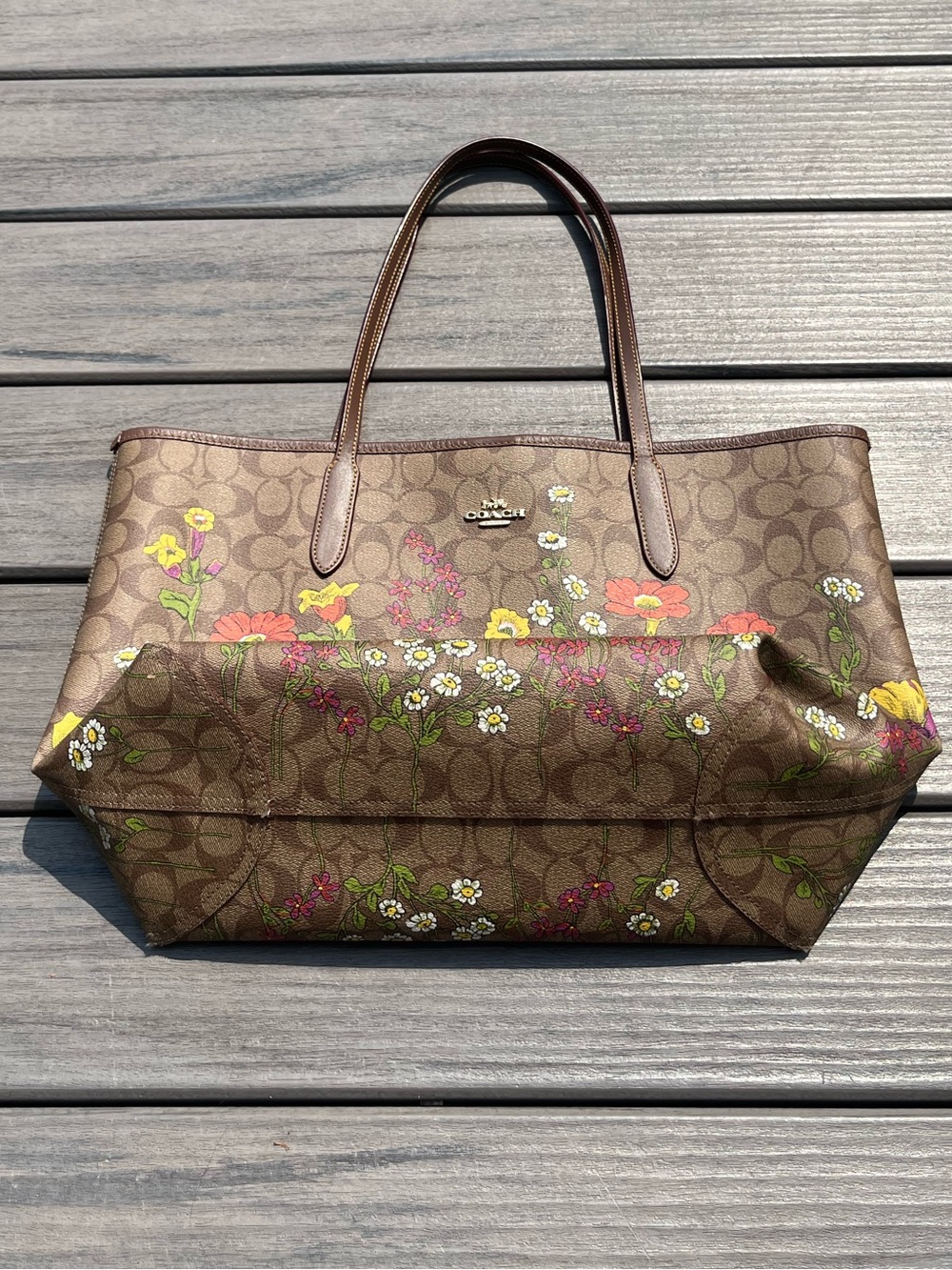 Coach; Large City Tote; Signature Brown Monogram; Multicolor Garden Floral Print - Picture 8 of 16